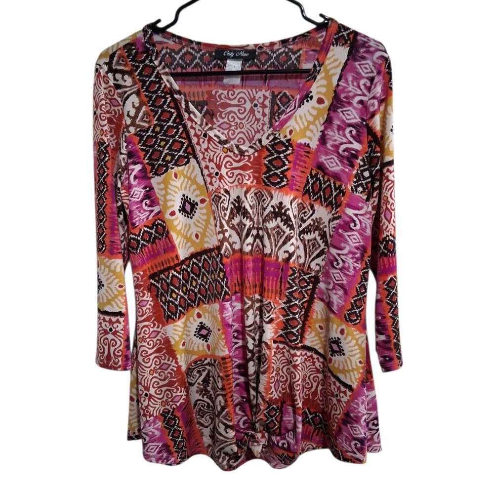 Only Nine XL Vibrant Boho Patchwork Print V-Neck 3/4 Sleeve Top